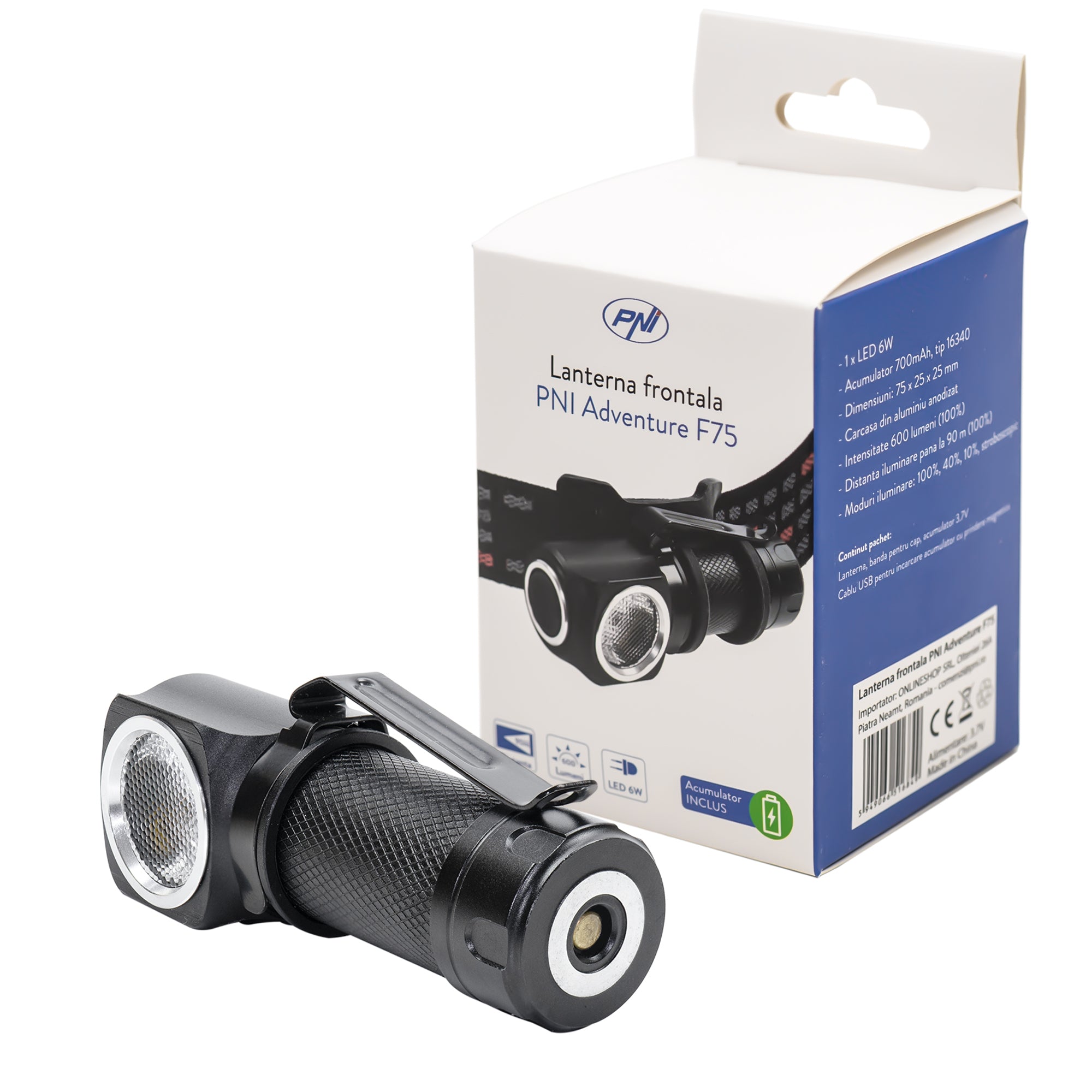 PNI ADVENTURE F75 FÉNYSZÓRÓ, 6 W LED, 600 LM, AKKUMULÁTORRAL ÉS MÁGNESES TÖLTŐVEL, FEJRE RÖGZÍTHETŐ
