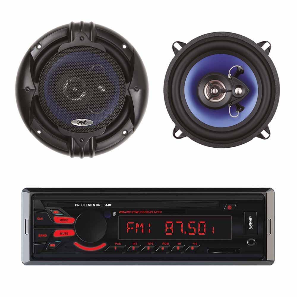 AUTÓS MP3 LEJÁTSZÓ RÁDIÓ CSOMAG PNI CLEMENTINE 8440, 4X45W USB SD AUX 12V + 2 KOAXIÁLIS AUTÓS HANGSZÓRÓ KÉSZLET PNI HIFI500, 100W, 12,7 CM
