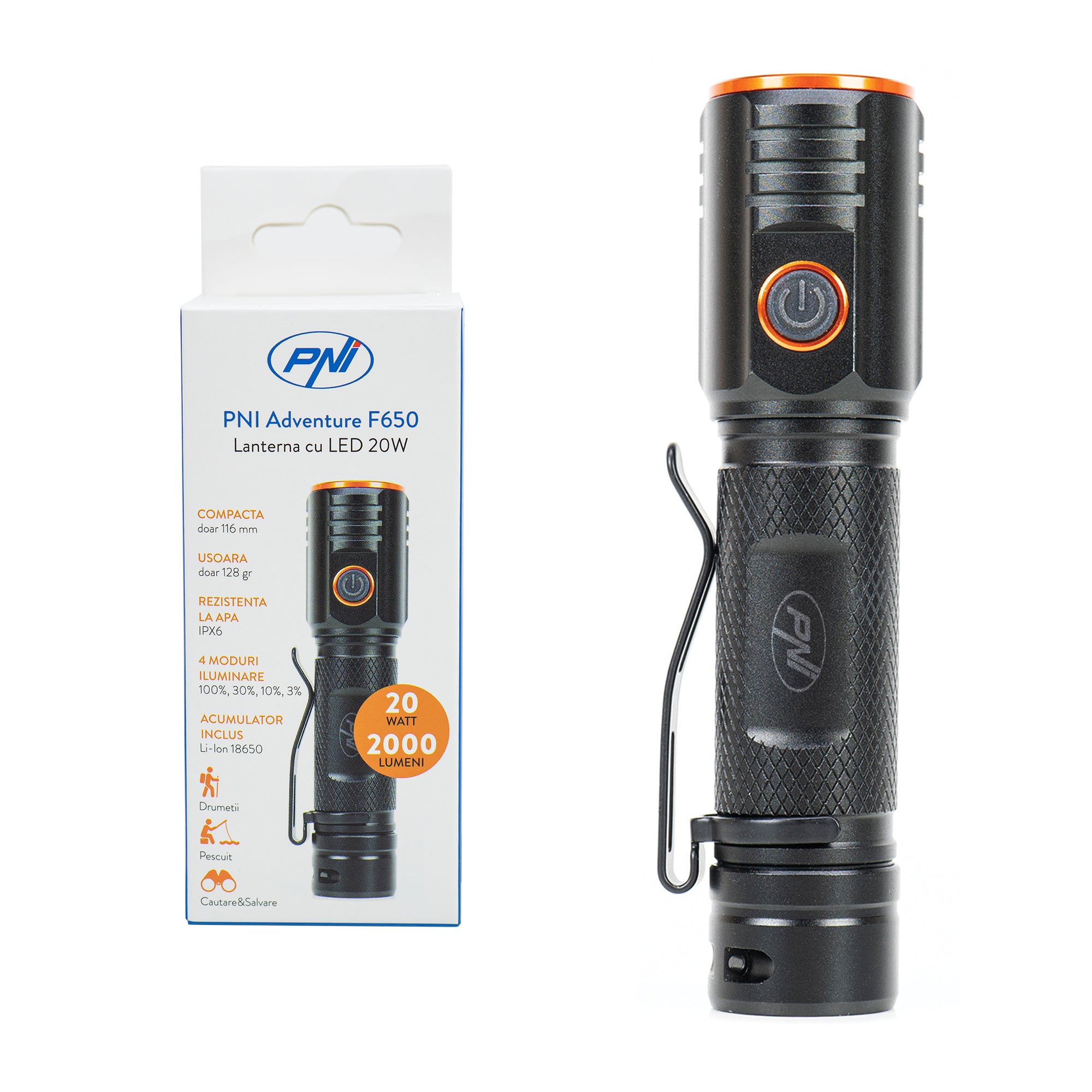 PNI ADVENTURE F650 ZSEBLÁMPA, 20 W LED, 2000 LM, IPX6, 2200 mAh akkumulátor