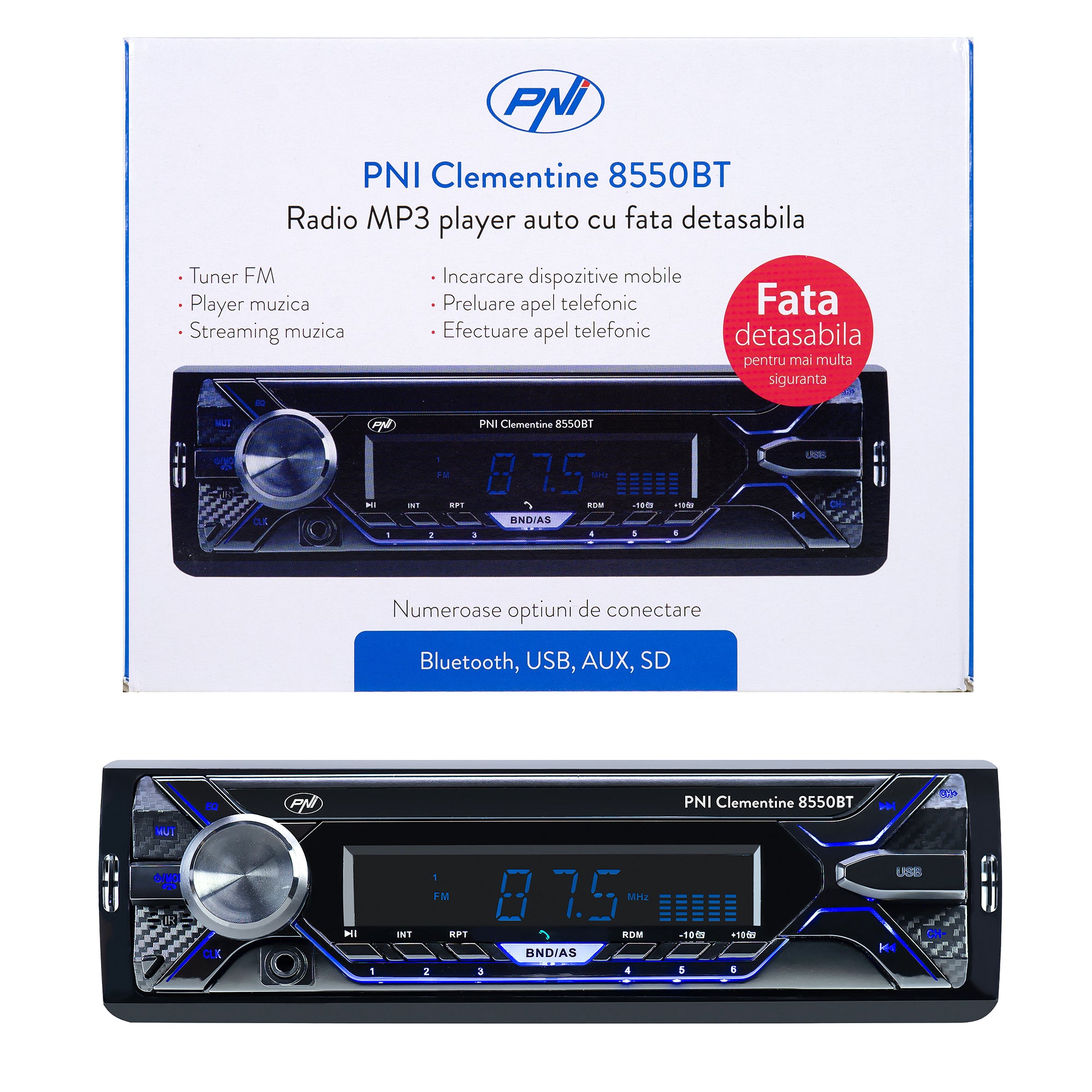PNI Clementine 8550BT autós rádió MP3 lejátszó, levehető elülső rész, 4x45W, 12V, 1 DIN, SD, USB, AUX, RCA csatlakozóval