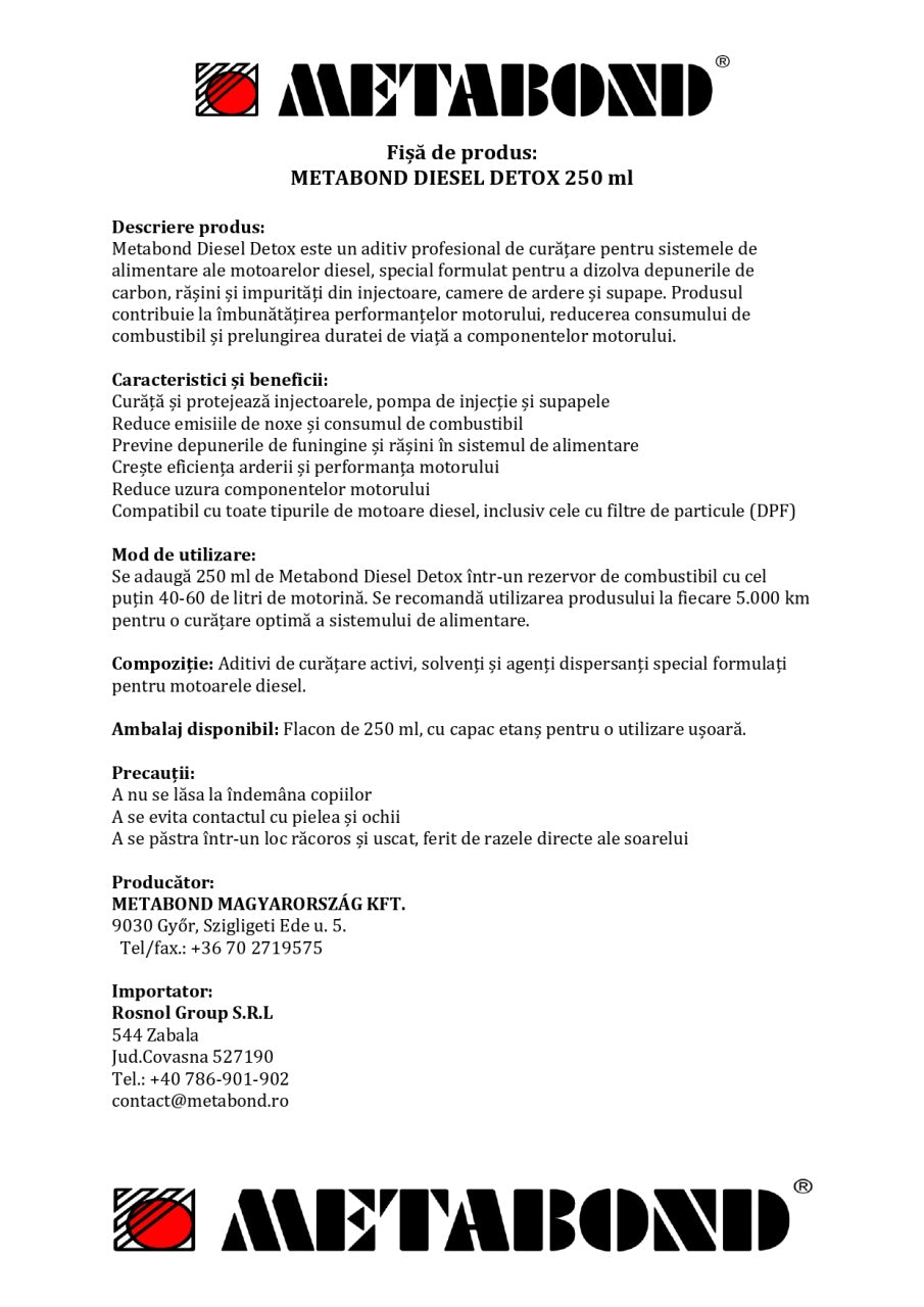 Aditiv Metabond DIESEL DETOX Curatare Sistem Injectie Diesel 250 ML