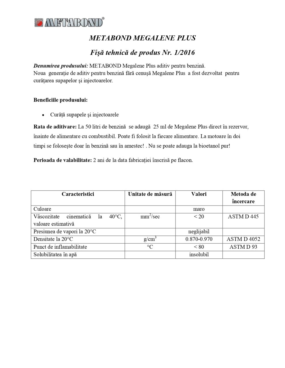 Aditiv Metabond Megalene Plus Mini Curatare Sistem Injectie Benzina 50 ML