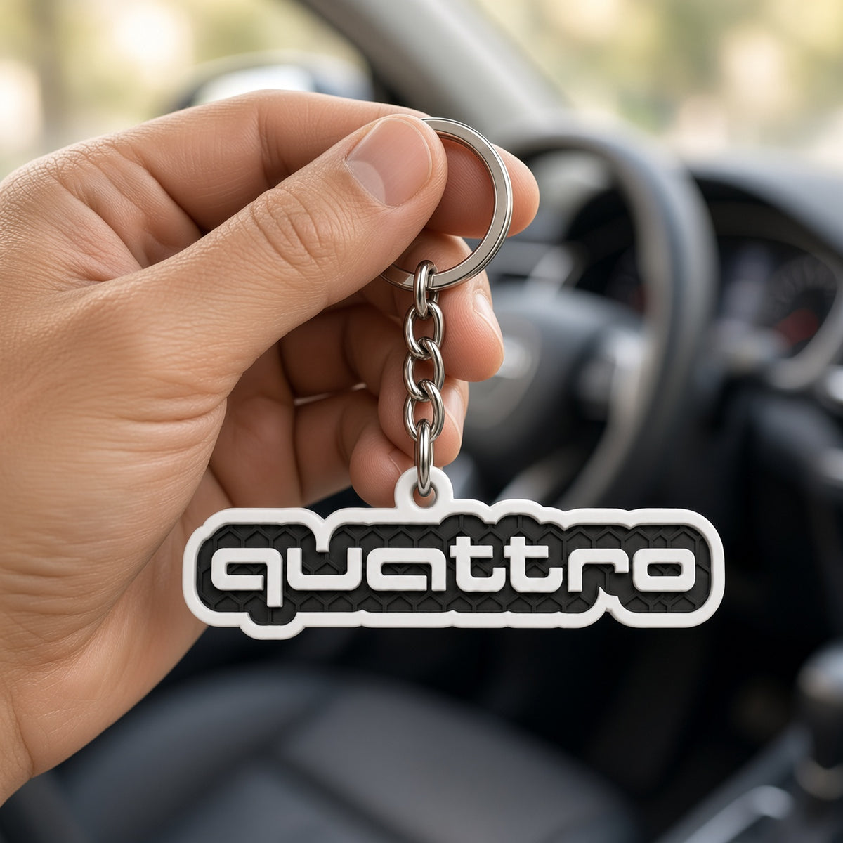 Breloc auto Audi quattro cu lanț și inel