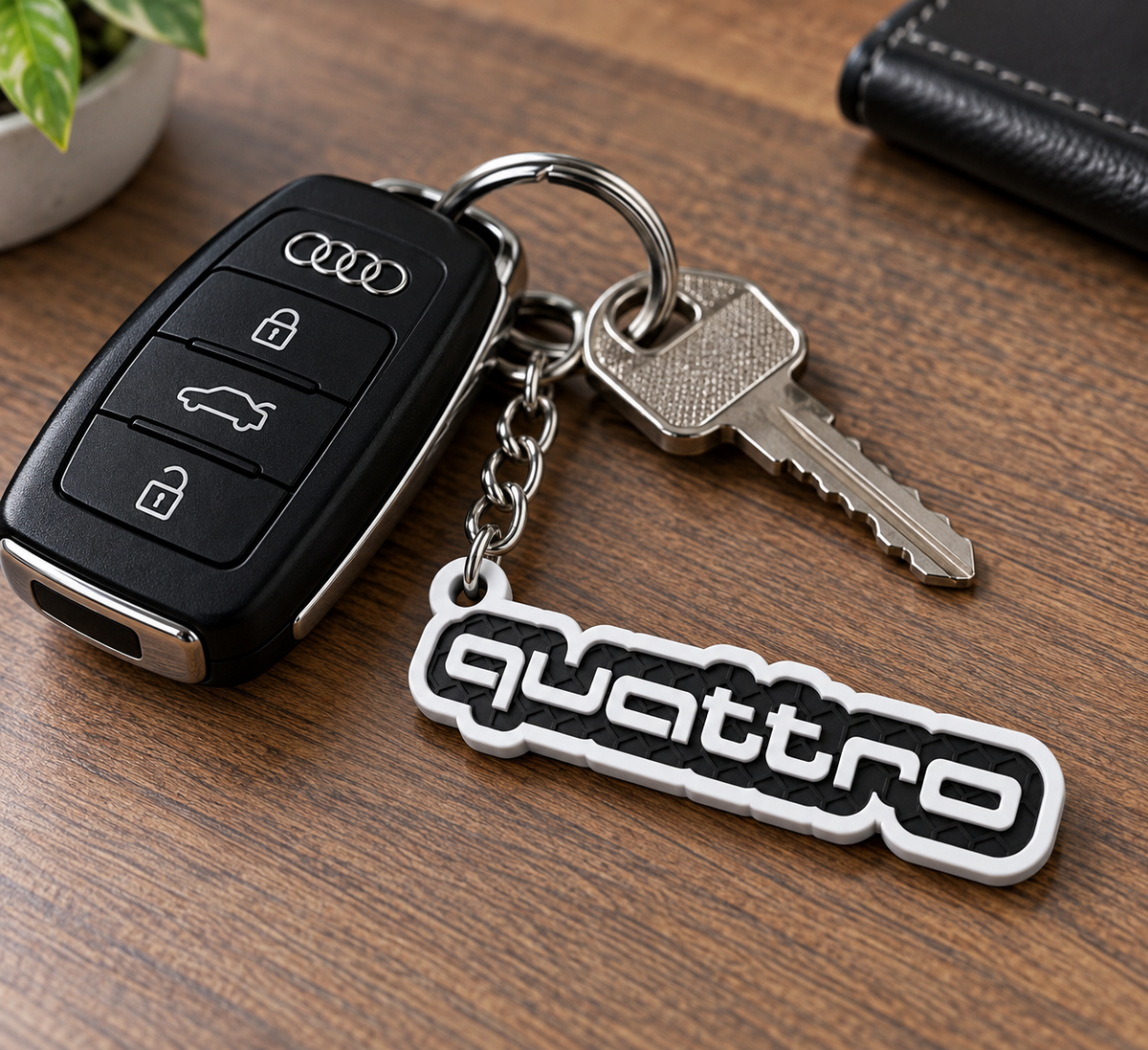 Breloc auto Audi quattro cu lanț și inel