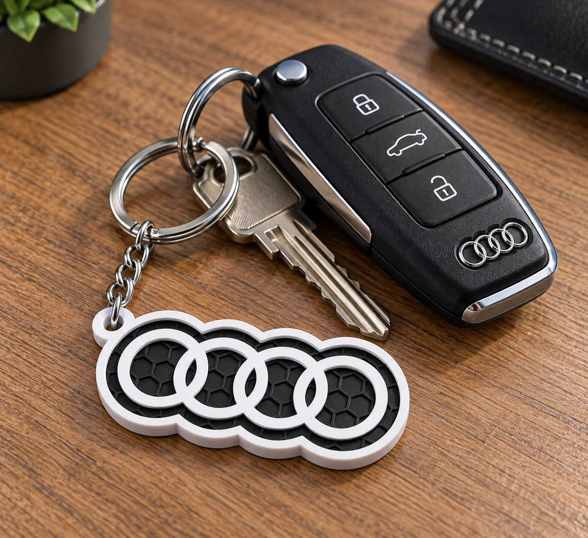 Breloc auto Audi logo cu lanț și inel