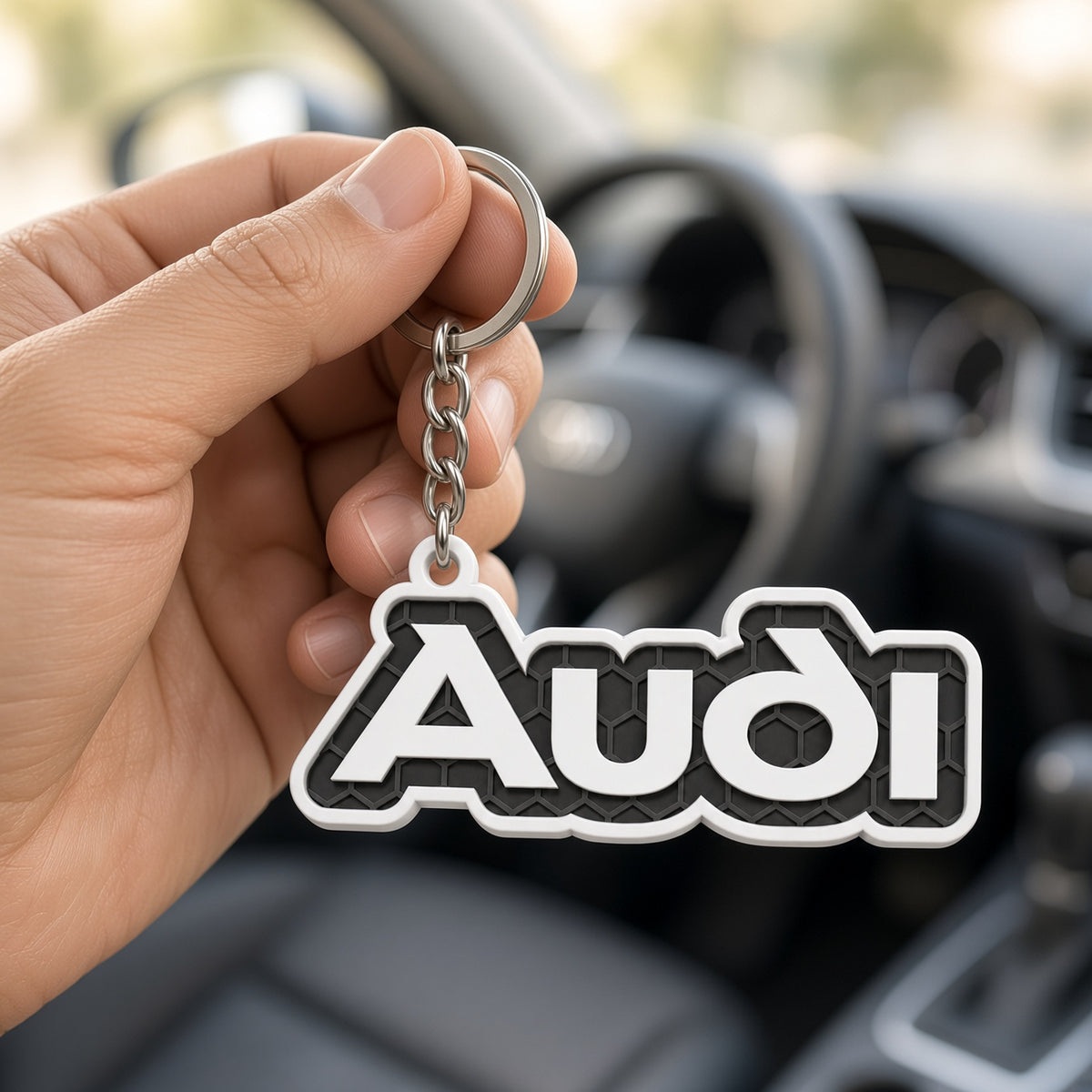 Breloc auto Audi inscripție cu lanț și inel