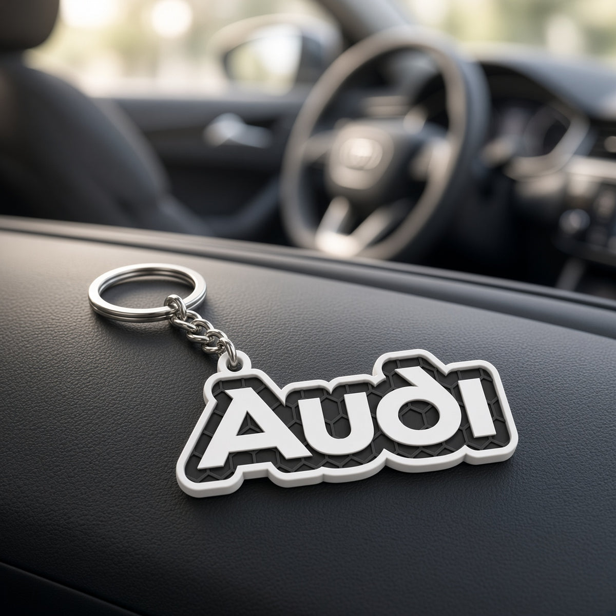 Breloc auto Audi inscripție cu lanț și inel