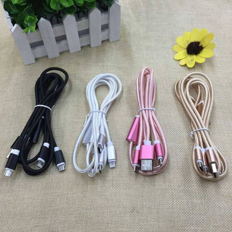 Cablu USB 3in1 microusb/Iphone/tip C roz