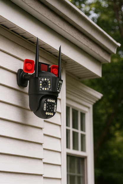 Cameră de Supraveghere 3 lentile, WiFi/4G, 12MP Ultra HD, PTZ 355°, Zoom 5X, Night Vision Color, Audio 2-Way engross