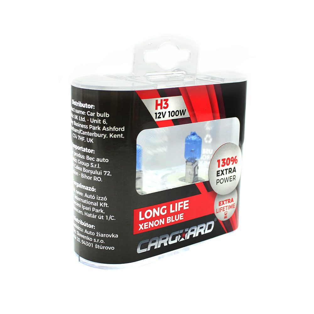 Set de 2 becuri Halogen H3, 100W +130% Intensitate - LONG LIFE - CARGUARD