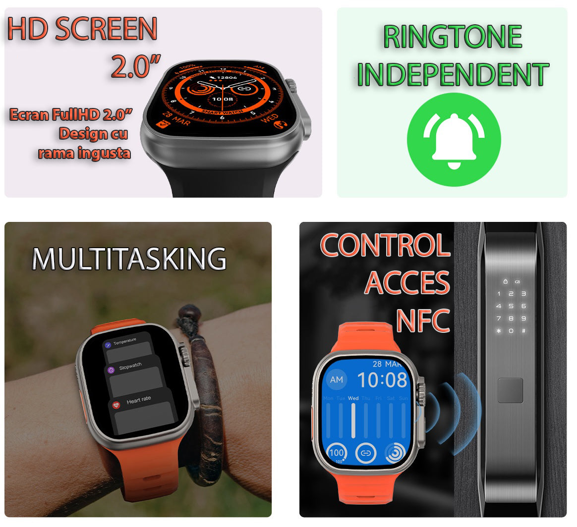 SmartWatch 1.99” cu Curea Extra, Apel Bluetooth, Încărcare Wireless, Monitorizare Sănătate &amp; Notificări engross