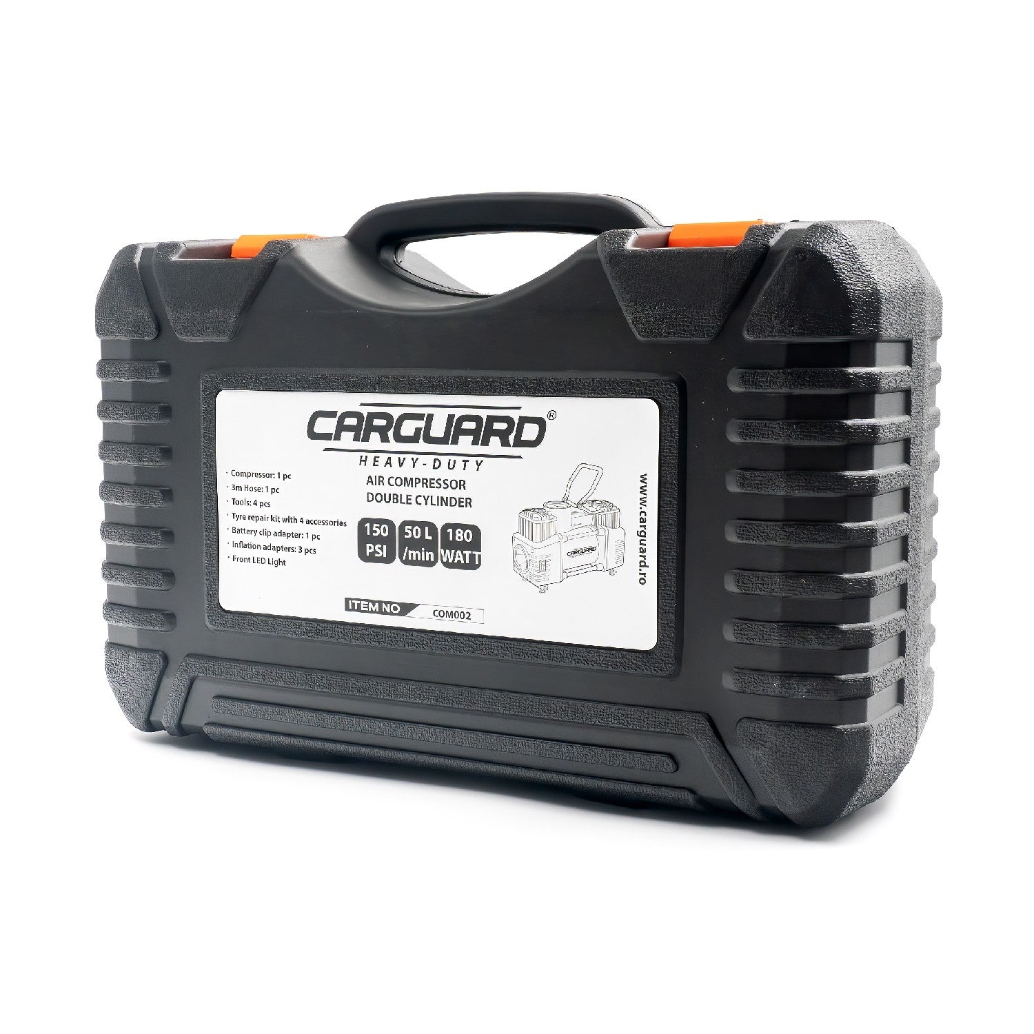 Compresor auto Carguard Heavy-Duty dublu cilindru – 50 L/min – 150 PSI – LED + kit reparație anvelope