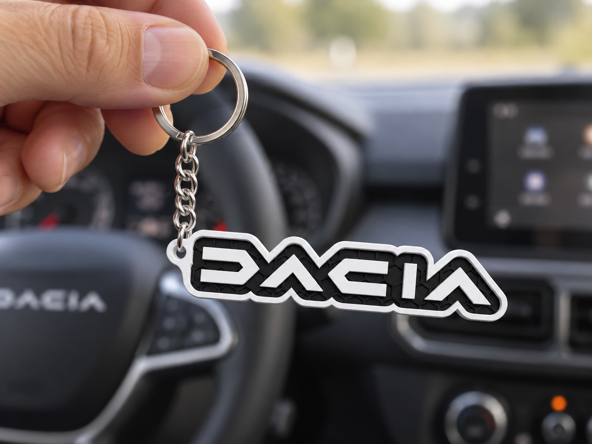 Breloc auto Dacia inscripție cu lanț și inel