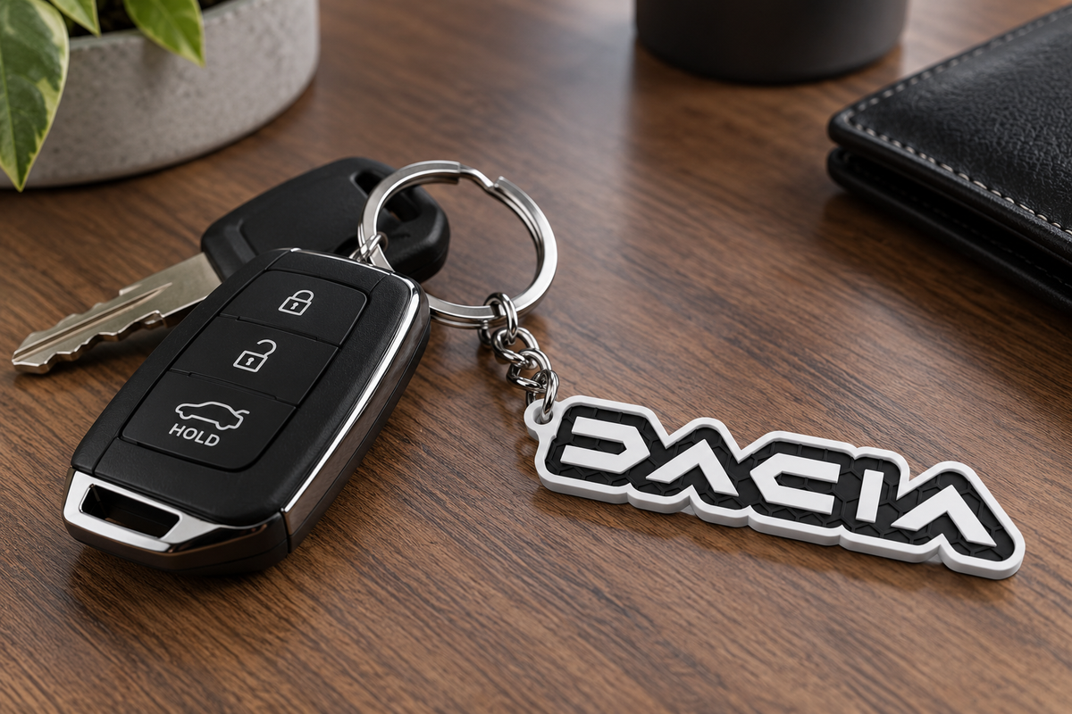 Breloc auto Dacia inscripție cu lanț și inel
