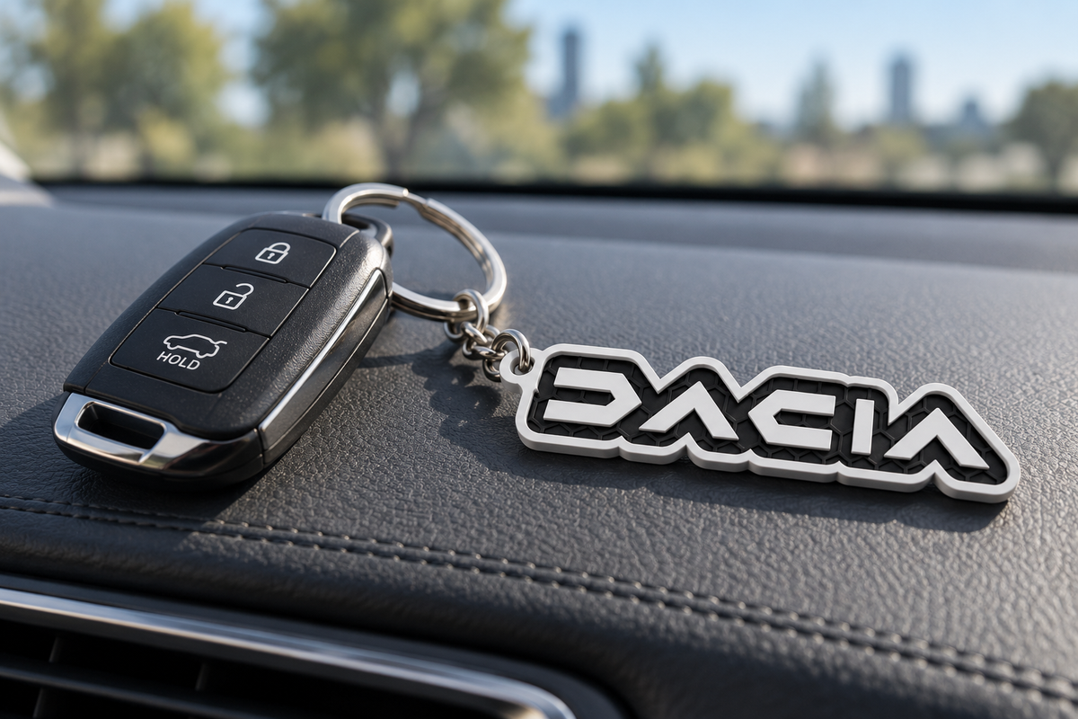 Breloc auto Dacia inscripție cu lanț și inel