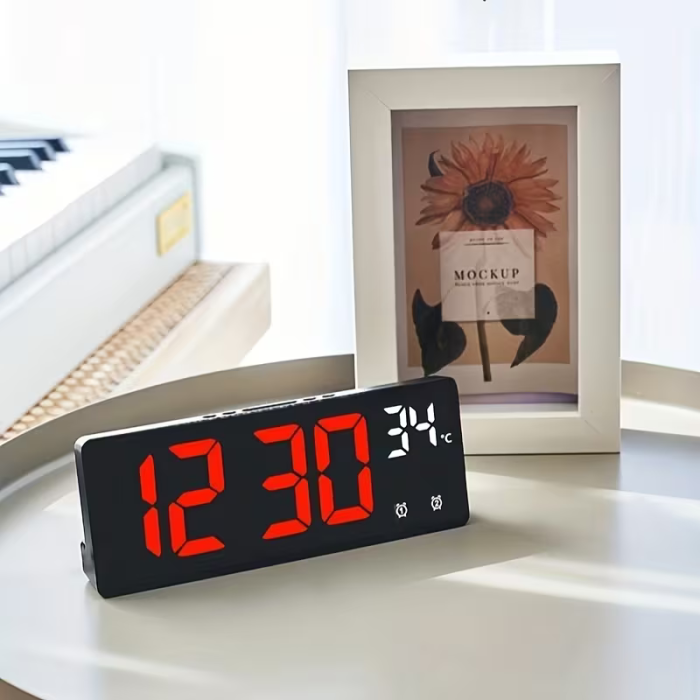 Ceas Digital LED de Masă și Perete, Afișaj Roșu, Calendar și Termometru