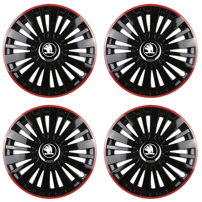 Set 4 Capace Roti pentru Skoda Nou model Falcon Black Cu Rama Rosie R15
