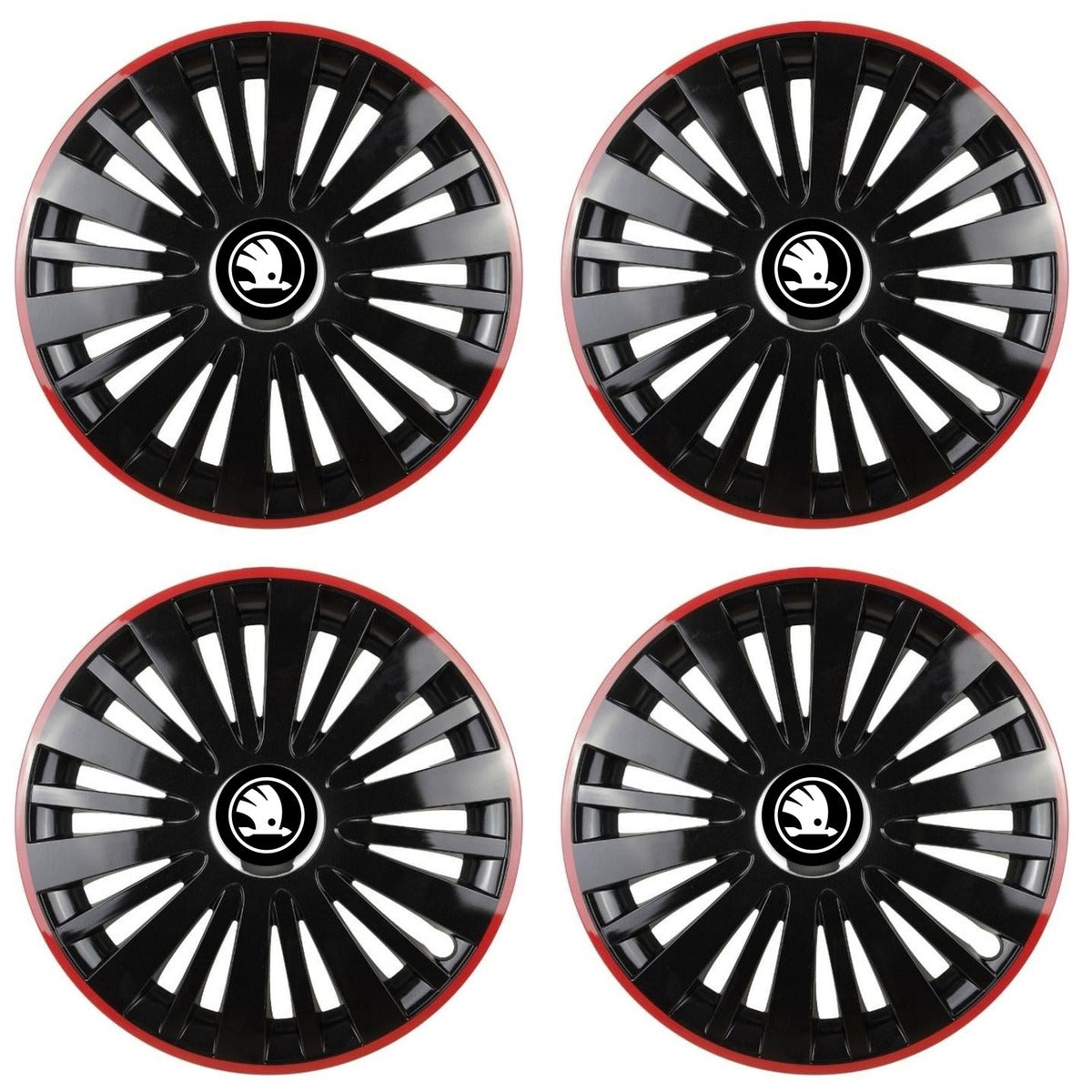 Set 4 Capace Roti pentru Skoda Nou, model Falcon Black Cu Rama Rosie, R16