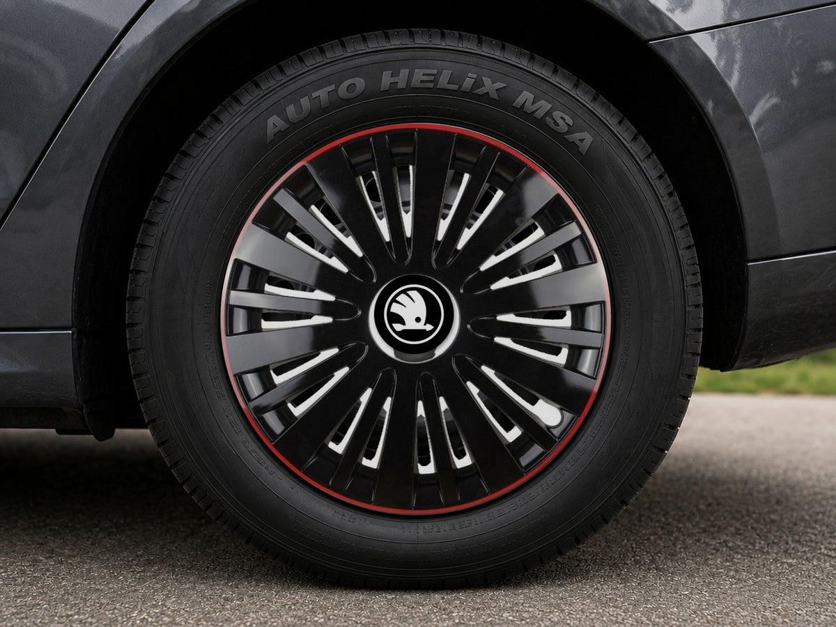 Set 4 Capace Roti pentru Skoda Nou, model Falcon Black Cu Rama Rosie, R16