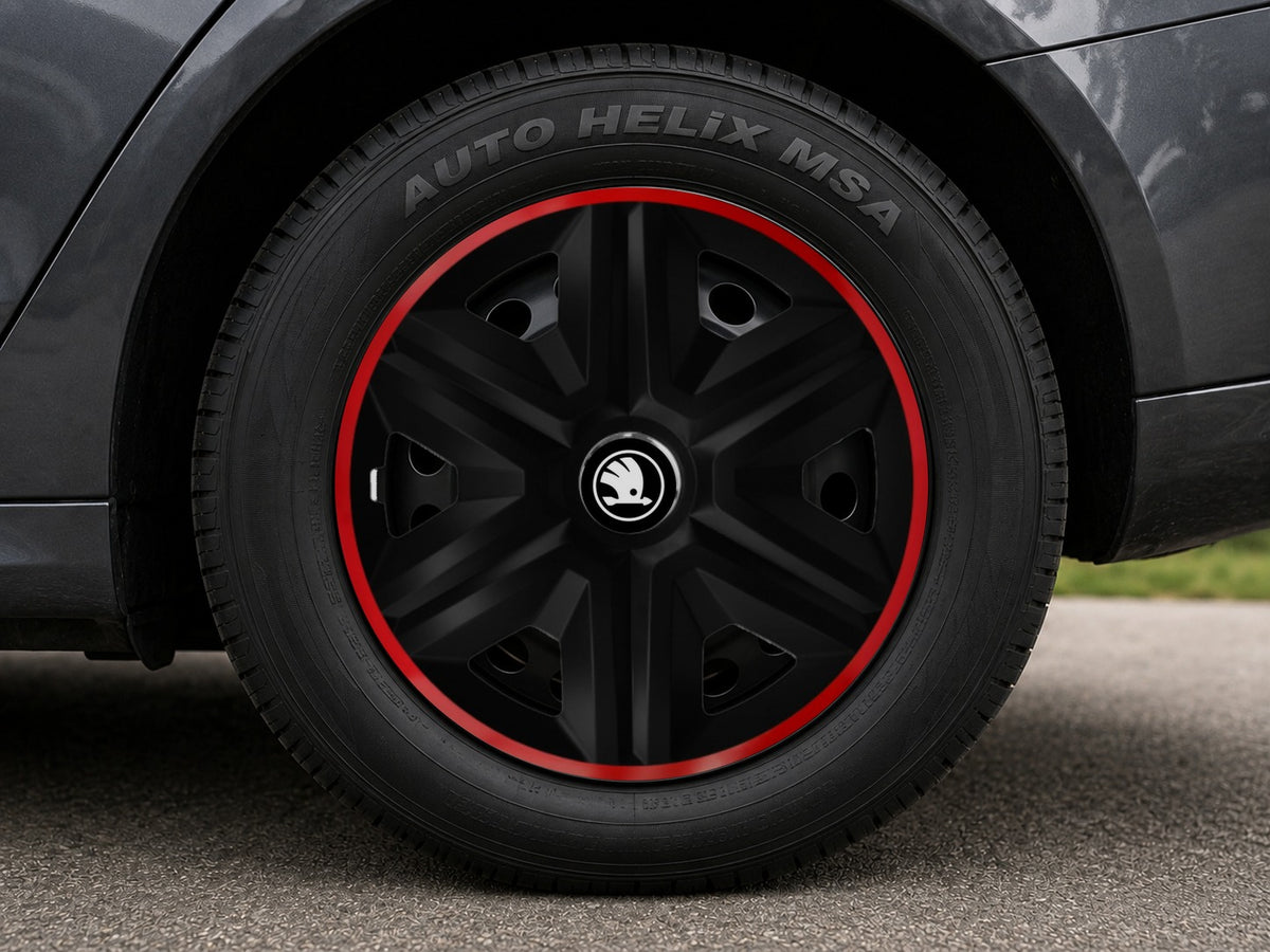 Set 4 Capace Roti pentru Skoda Nou, model Fast Black Cu Rama Rosie, R14