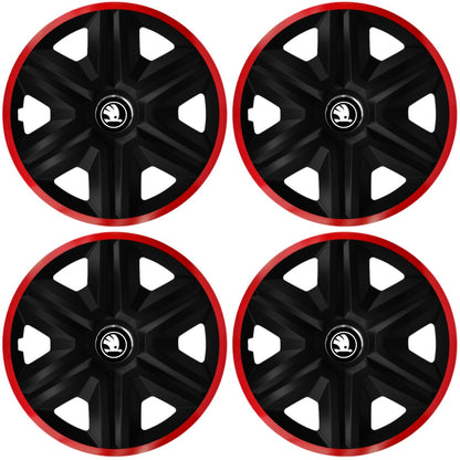 Set 4 Capace Roti pentru Skoda Nou, model Fast Black Cu Rama Rosie, R15