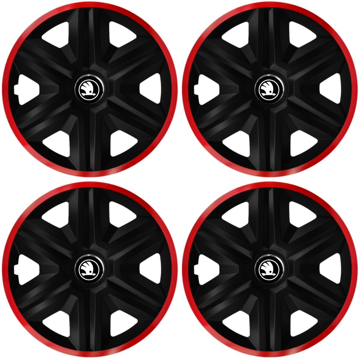 Set 4 Capace Roti pentru Skoda Nou, model Fast Black Cu Rama Rosie, R16