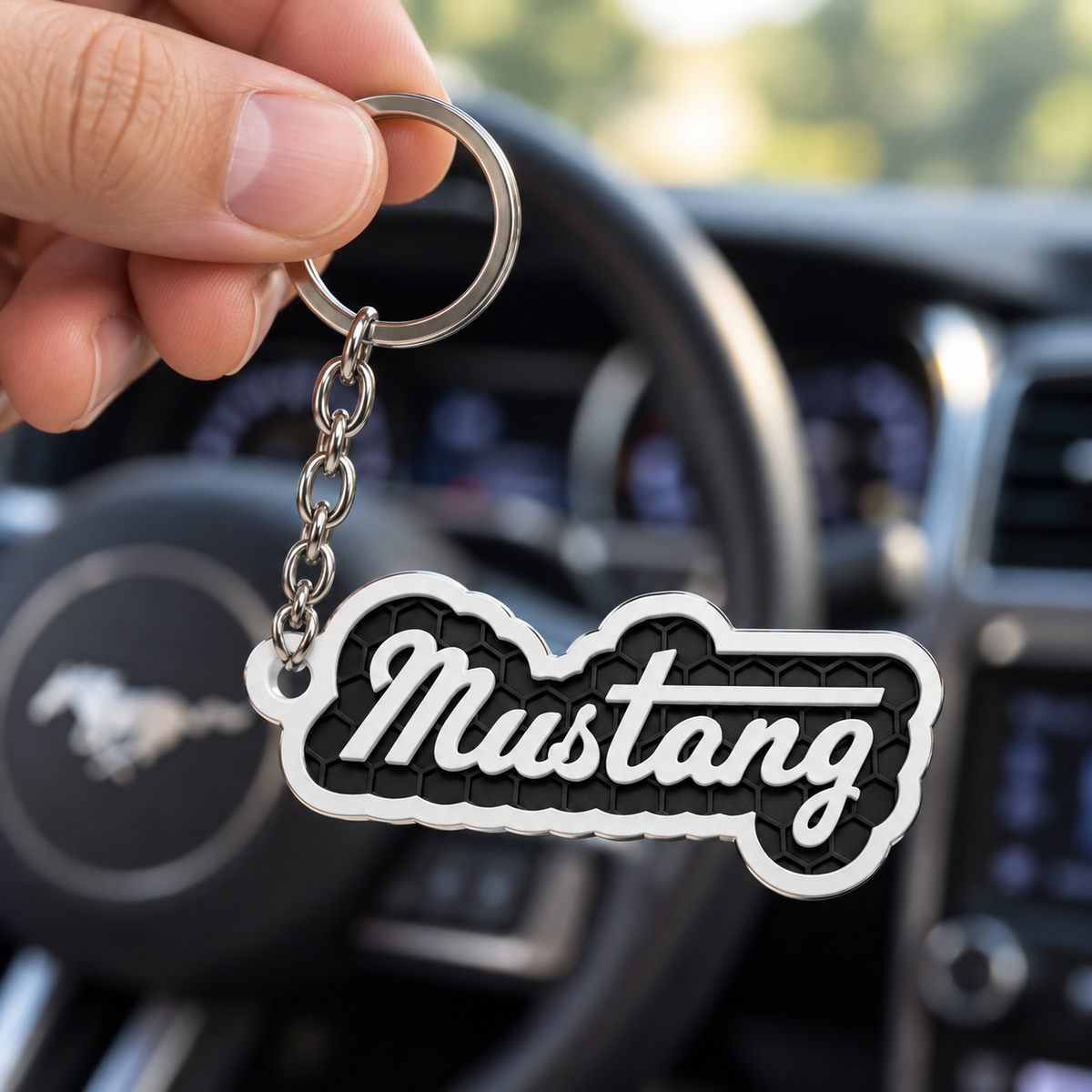 Breloc auto Ford Mustang inscripție cu lanț și inel