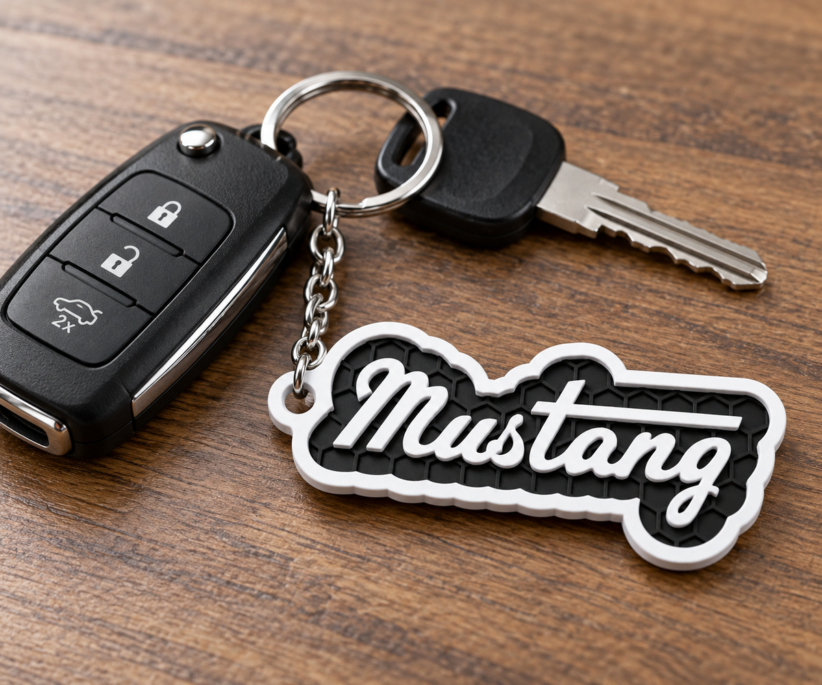 Breloc auto Ford Mustang inscripție cu lanț și inel