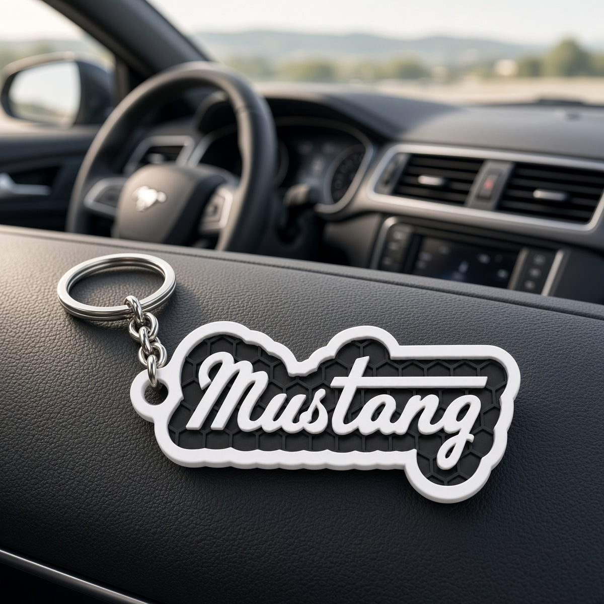 Breloc auto Ford Mustang inscripție cu lanț și inel