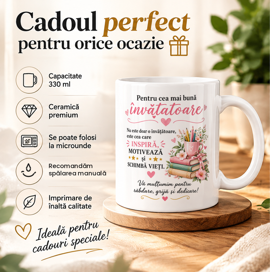 Cană personalizată Pentru cea mai bună învățătoare, ceramică albă 330 ml, cadou pentru învățătoare