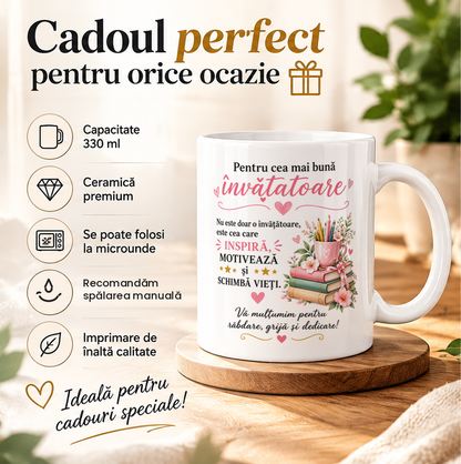 Cană personalizată Pentru cea mai bună învățătoare, ceramică albă 330 ml, cadou pentru învățătoare