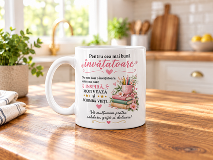 Cană personalizată Pentru cea mai bună învățătoare, ceramică albă 330 ml, cadou pentru învățătoare
