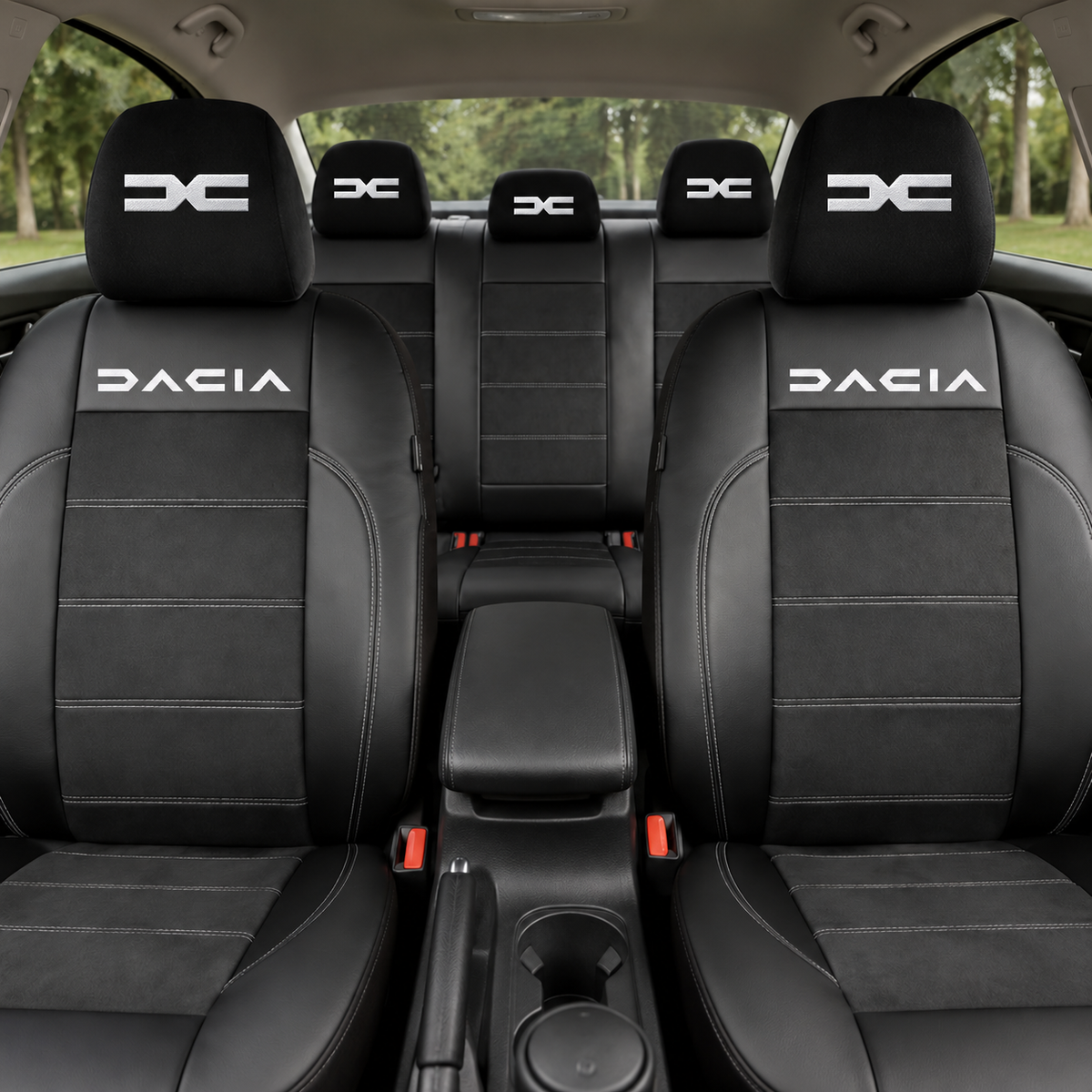 Set Huse Scaune Universale Din Piele Ecologică Si Alcantara Personalizate Cu Dacia NOU, Negre