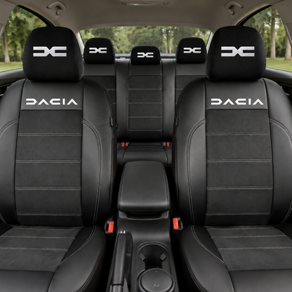 Set Huse Scaune Universale Din Piele Ecologică Si Alcantara Personalizate Cu Dacia NOU, Negre