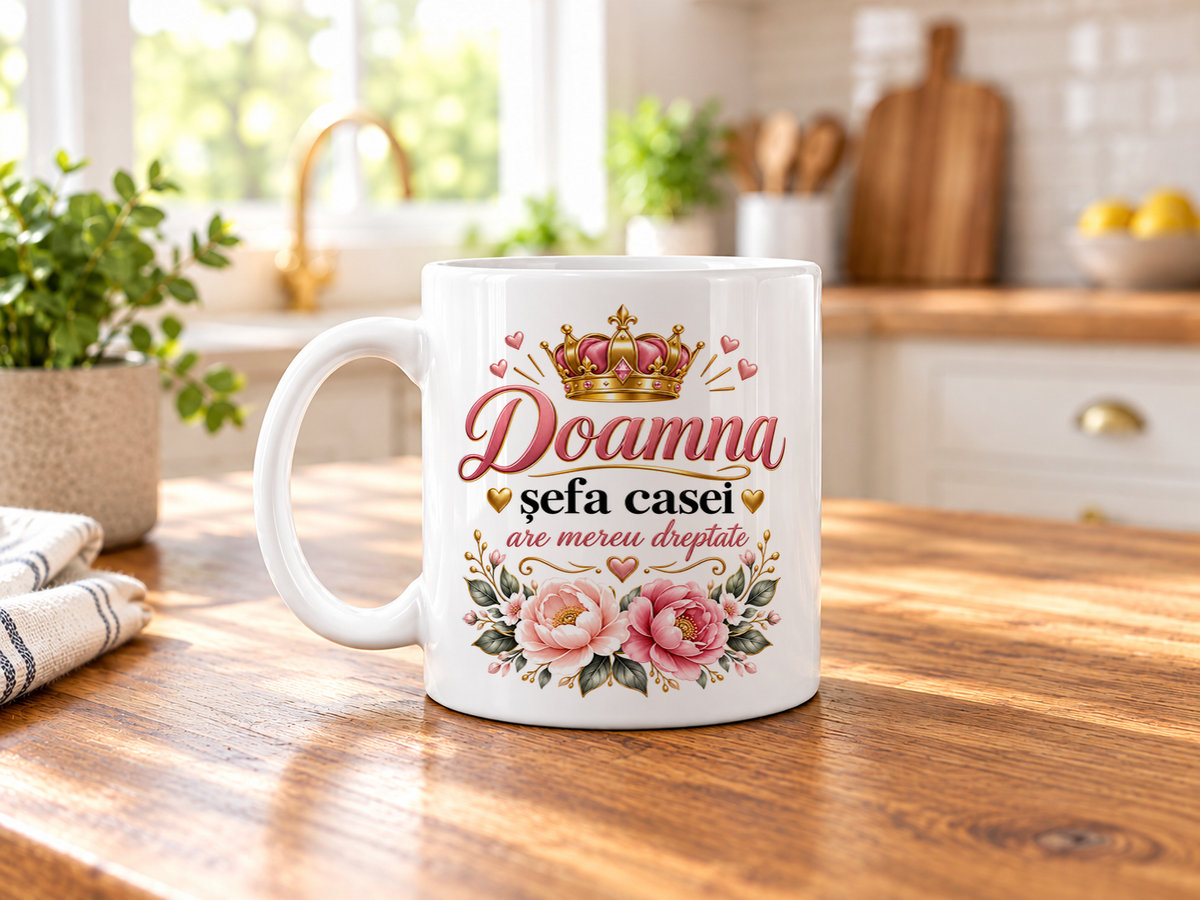 Cană personalizată Doamna șefa casei, ceramică albă 330 ml, mesaj amuzant, cadou pentru soție