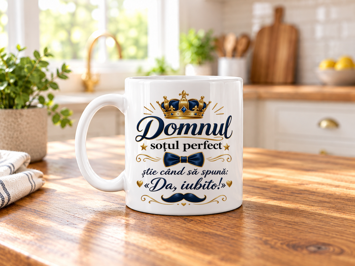 Cană personalizată Domnul soțul perfect, ceramică albă 330 ml, mesaj amuzant, cadou pentru soț