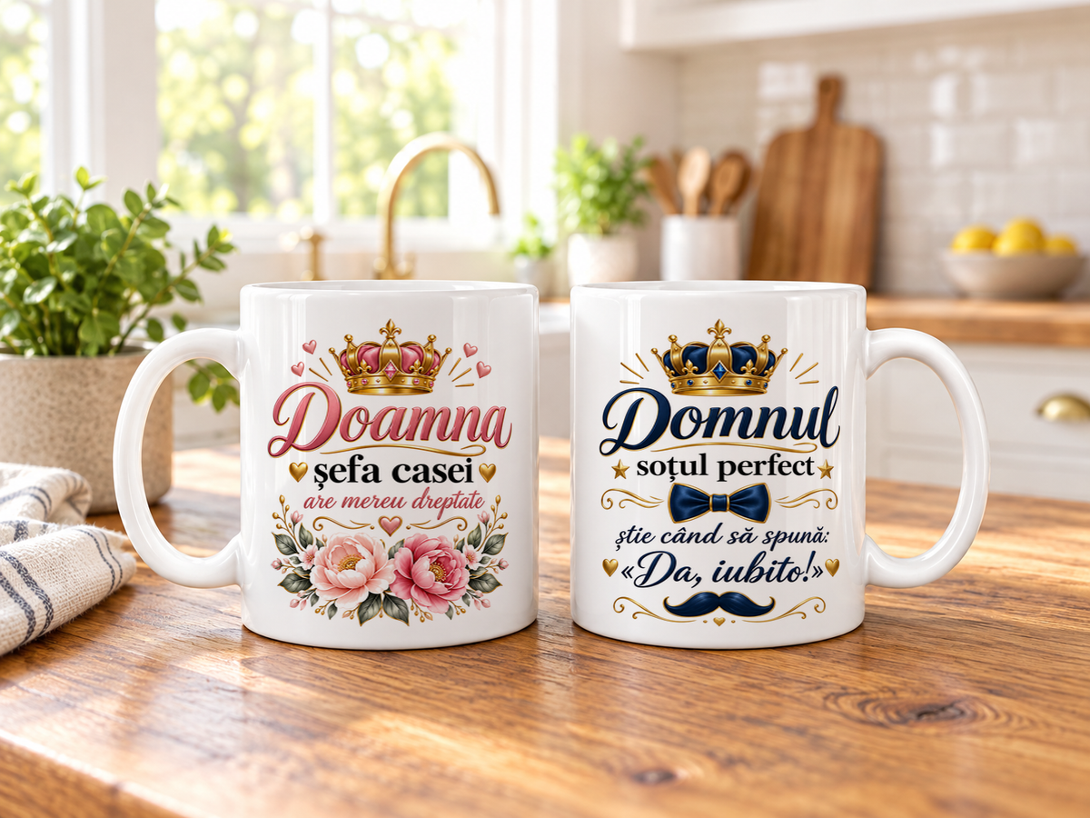 Set 2 căni cadou pentru cuplu Doamna șefa casei și Domnul soțul perfect, ceramică albă 330 ml