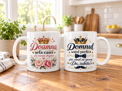 Set 2 căni cadou pentru cuplu Doamna șefa casei și Domnul soțul perfect, ceramică albă 330 ml