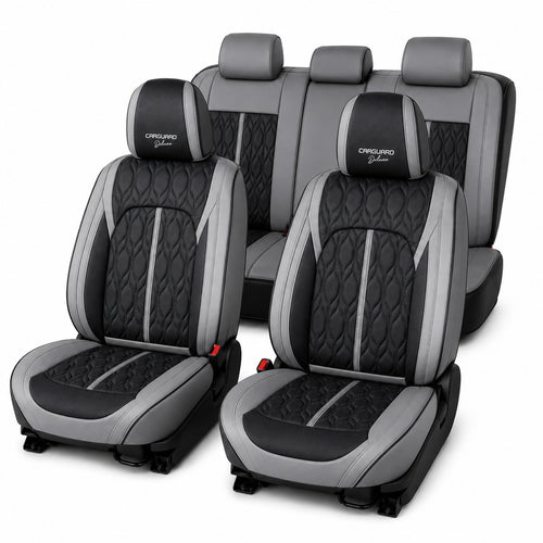 Huse auto premium 5 locuri Carguard Deluxe piele ecologică perforată - gri - negru