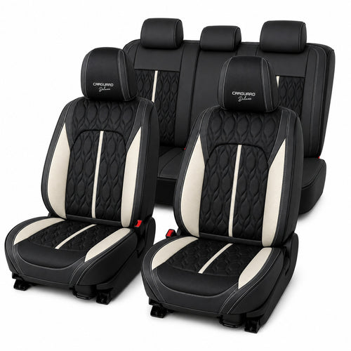Huse auto premium 5 locuri Carguard Deluxe piele ecologică perforată - negru - alb