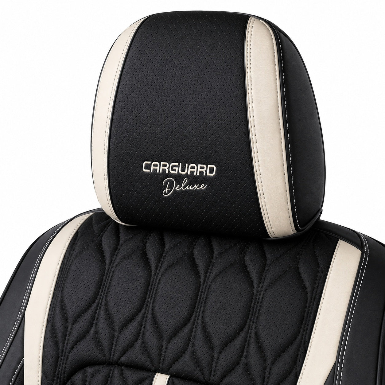 Huse auto premium 5 locuri Carguard Deluxe piele ecologică perforată - negru - alb