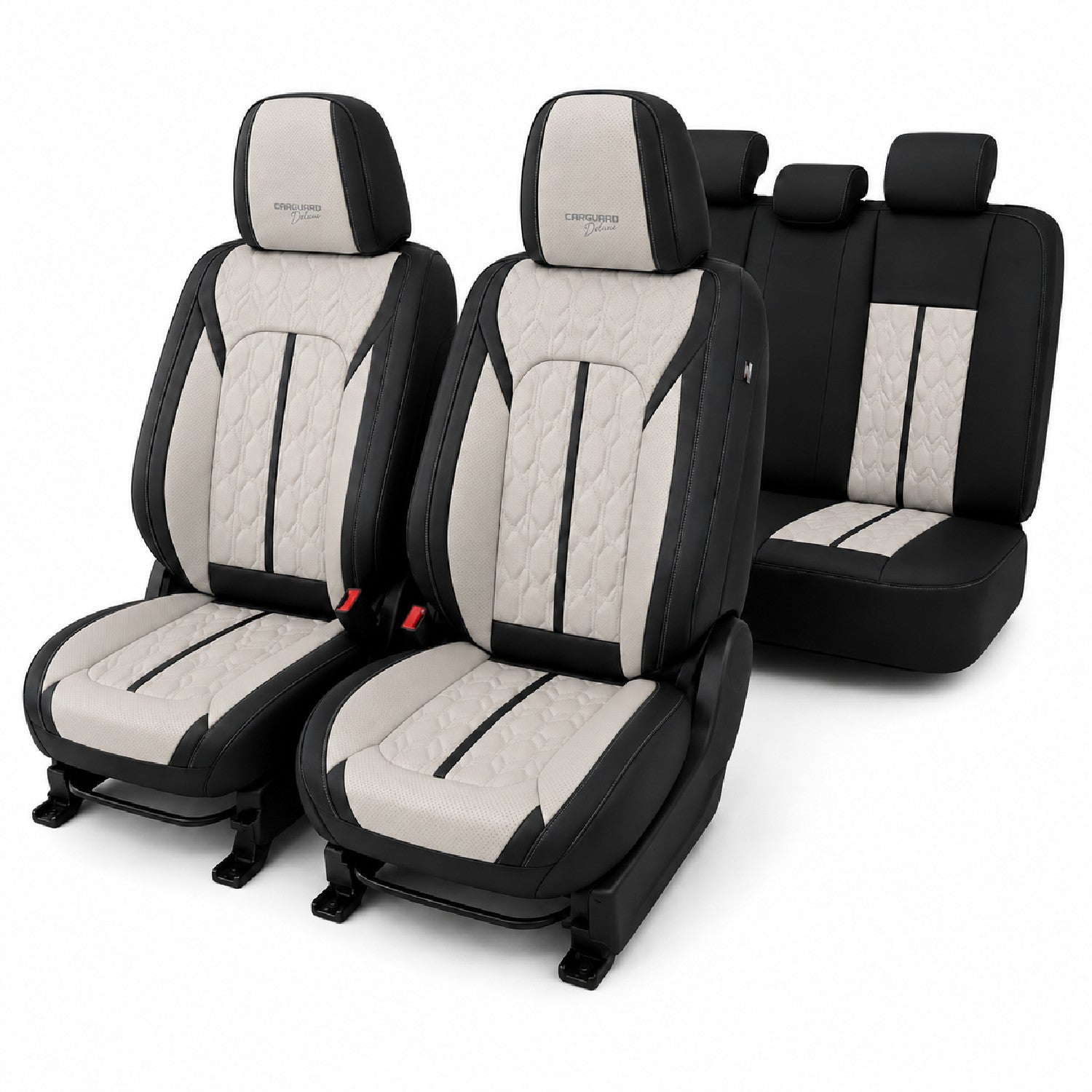Huse auto premium 5 locuri Carguard Deluxe piele ecologică perforată - negru - crem