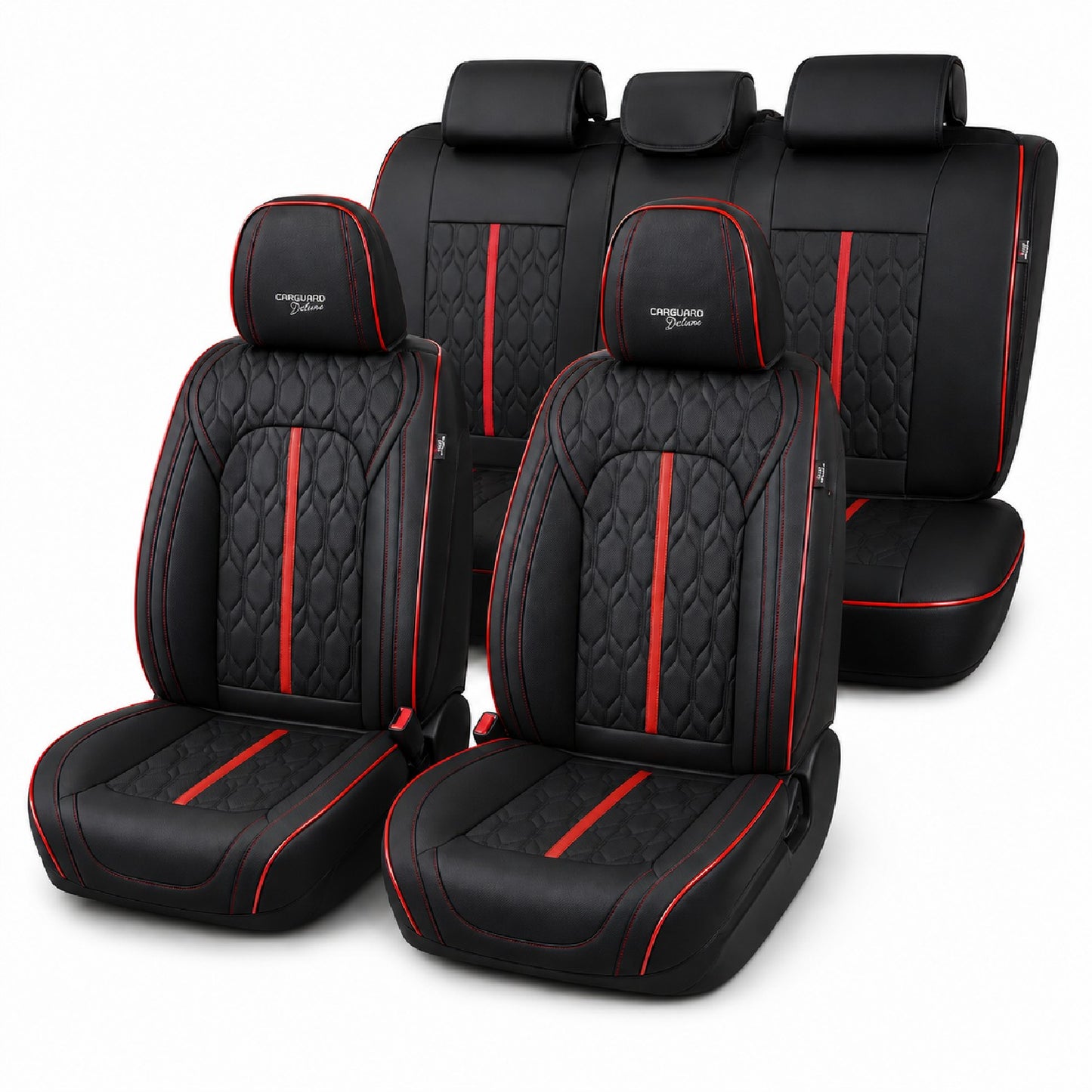 Huse auto premium 5 locuri Carguard Deluxe piele ecologică perforată - negru - rosu