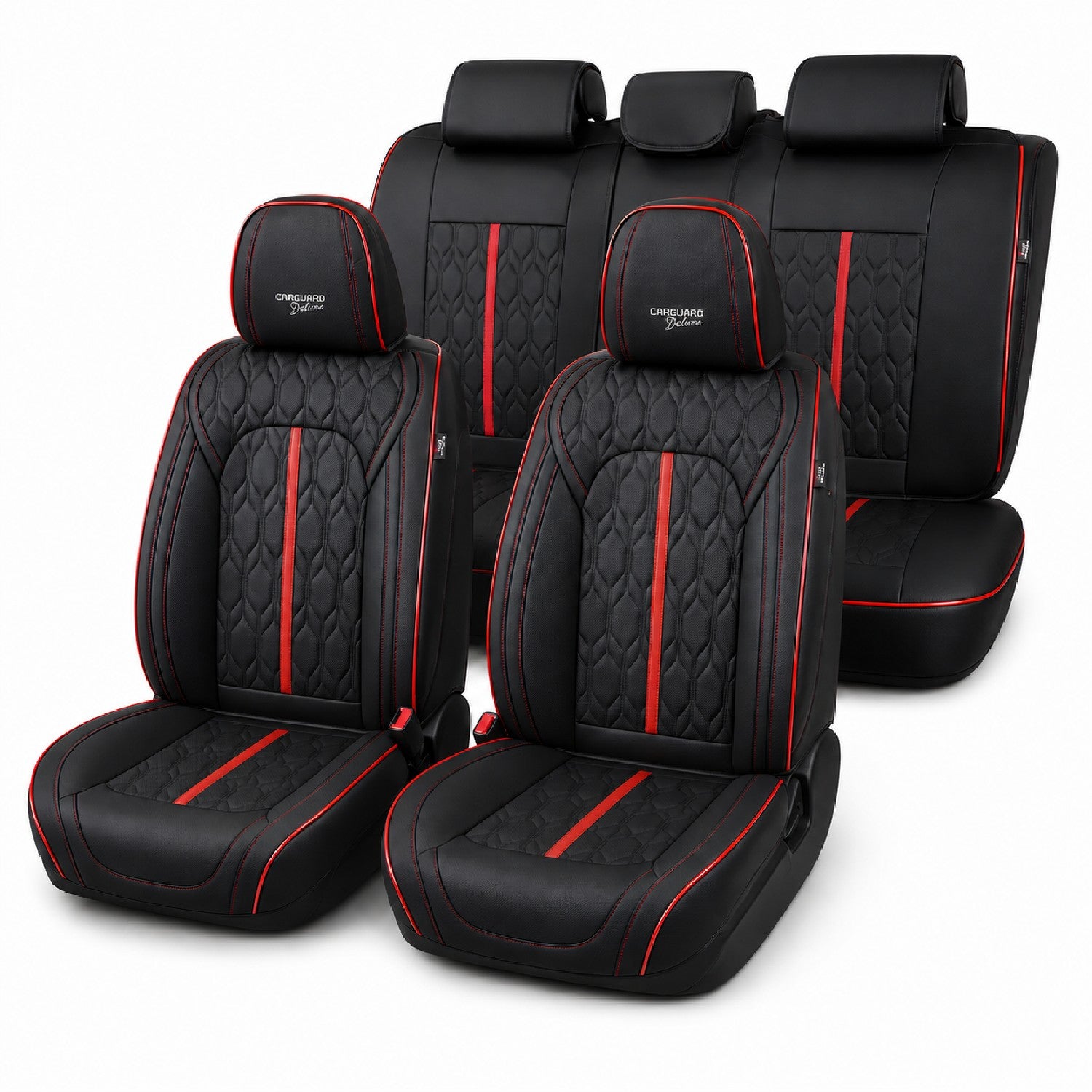 Huse auto premium 5 locuri Carguard Deluxe piele ecologică perforată - negru - rosu