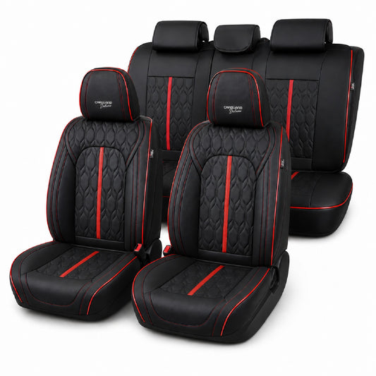 Huse auto premium 5 locuri Carguard Deluxe piele ecologică perforată - negru - rosu