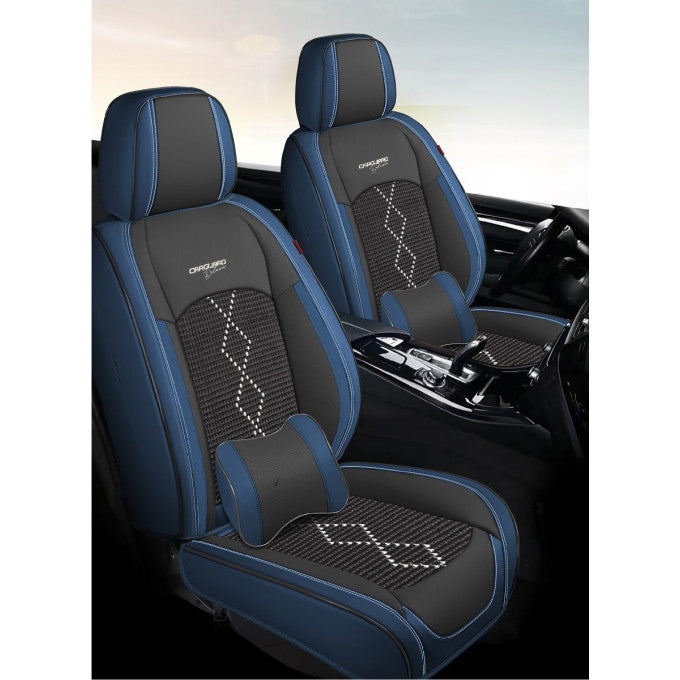 Huse auto premium 5 locuri Carguard Deluxe piele ecologică perforată și textil - negru - albastru închis