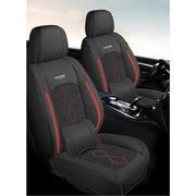 Huse auto premium 5 locuri Carguard Deluxe piele ecologică perforată și textil - negru - rosu închis