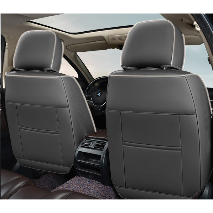 Huse auto premium 5 locuri Carguard Deluxe piele ecologică perforată și textil - gri deschis - gri închis