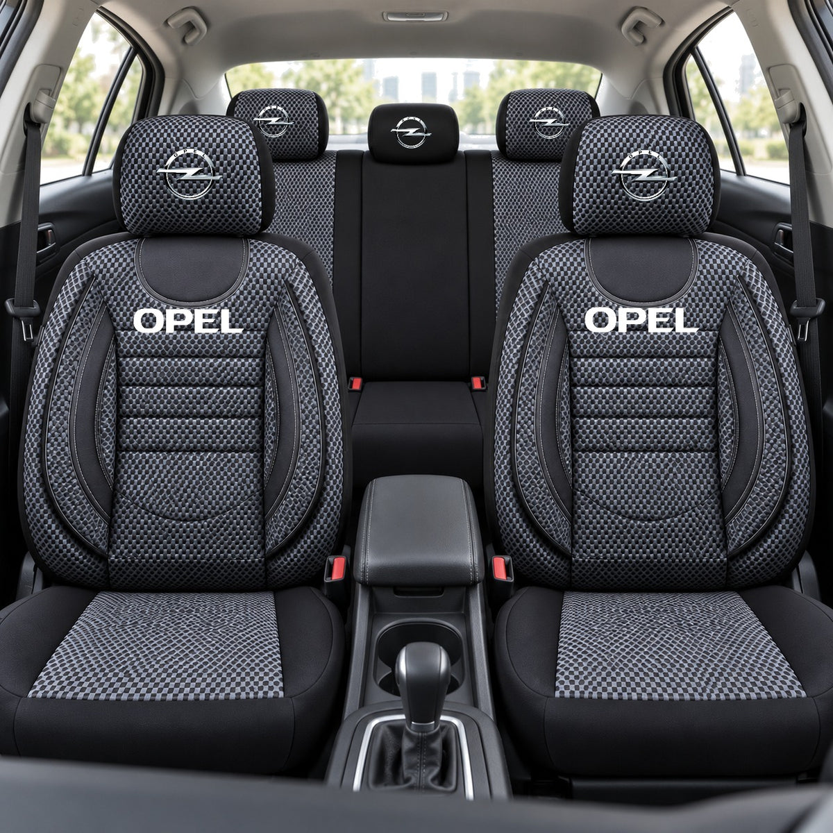 Set Huse Scaune Universale City, Gri cu Negru Personalizate cu Opel