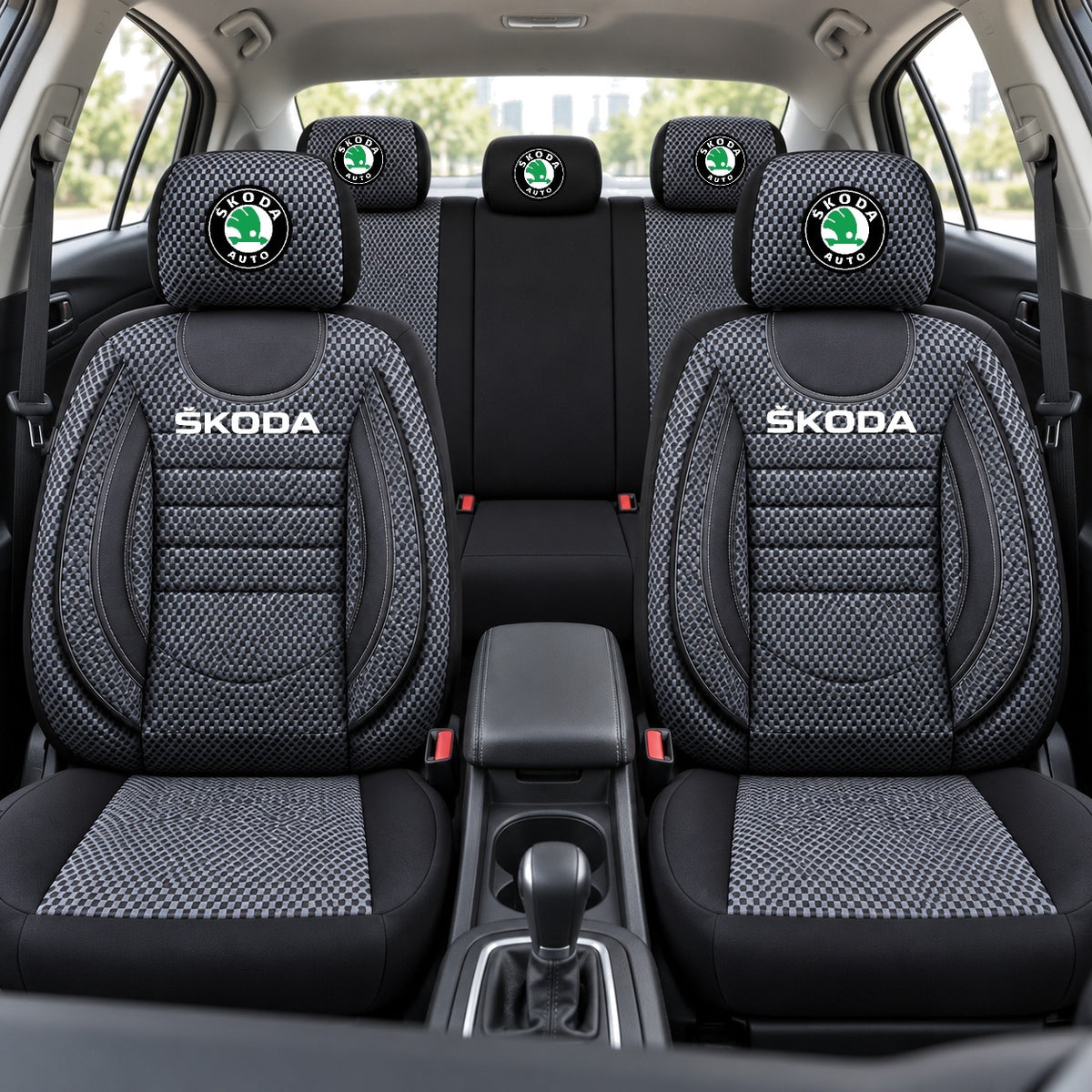 Set Huse Scaune Universale City, Gri cu Negru Personalizate cu Skoda